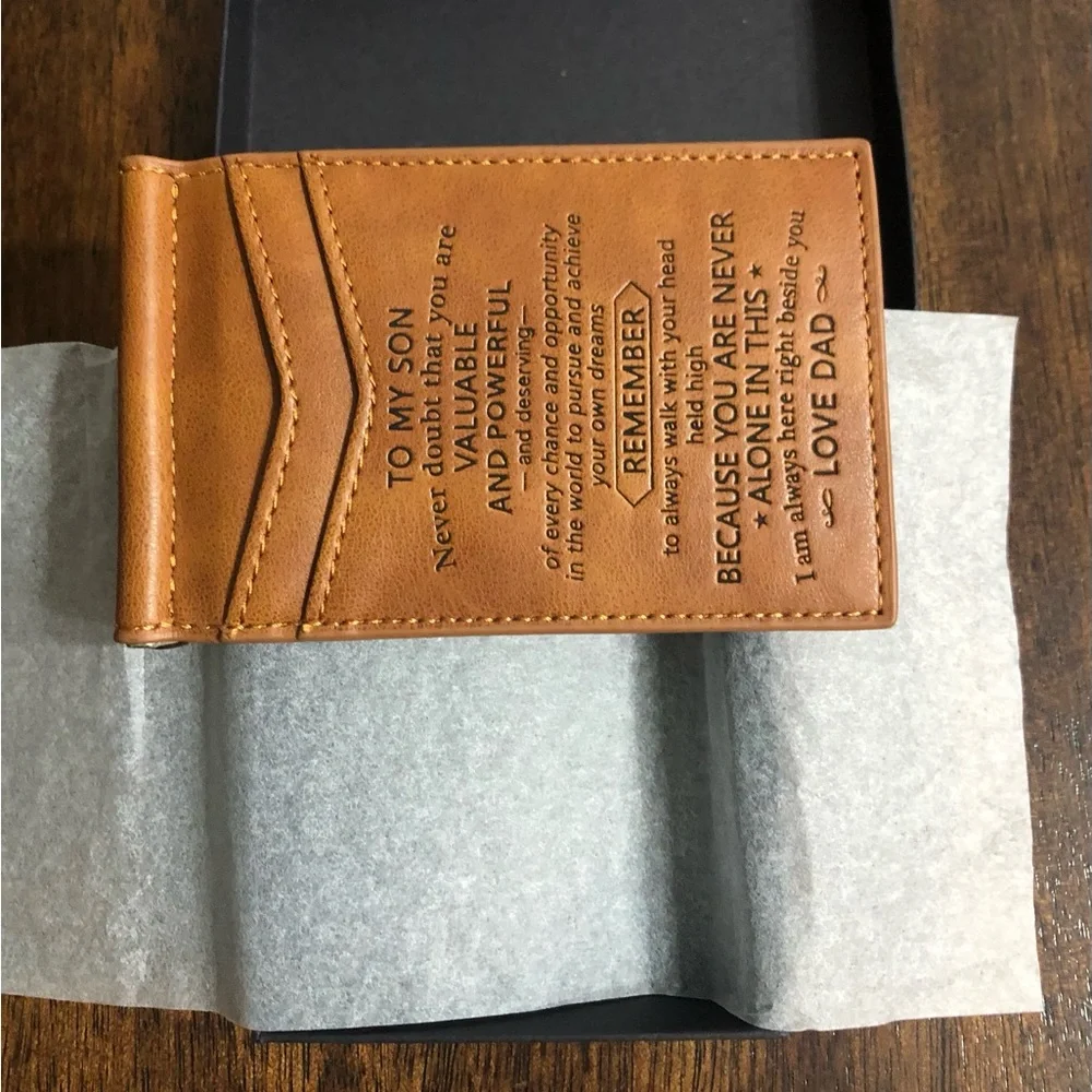 Leather Wallet engraved to my son from Dad brown. 4”LX3”W